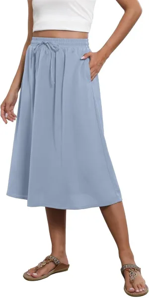 Women's Midi Boho Floral Skirts Trendy A Line Skirt Comfy Flowy Drawstring High Elastic Waist Skorts with Pockets