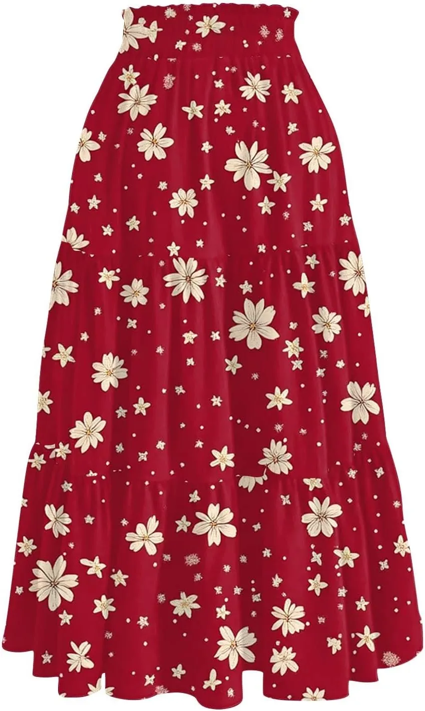 Women's Midi Boho Floral Tiered Skirts Trendy A Line Skirt Drawstring High Elastic Waist Comfy Flowy Skorts with Pockets