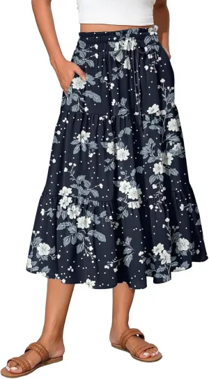 Women's Midi Boho Floral Tiered Skirts Trendy Comfy Flowy A Line Skirt Drawstring High Elastic Waist Skorts with Pockets