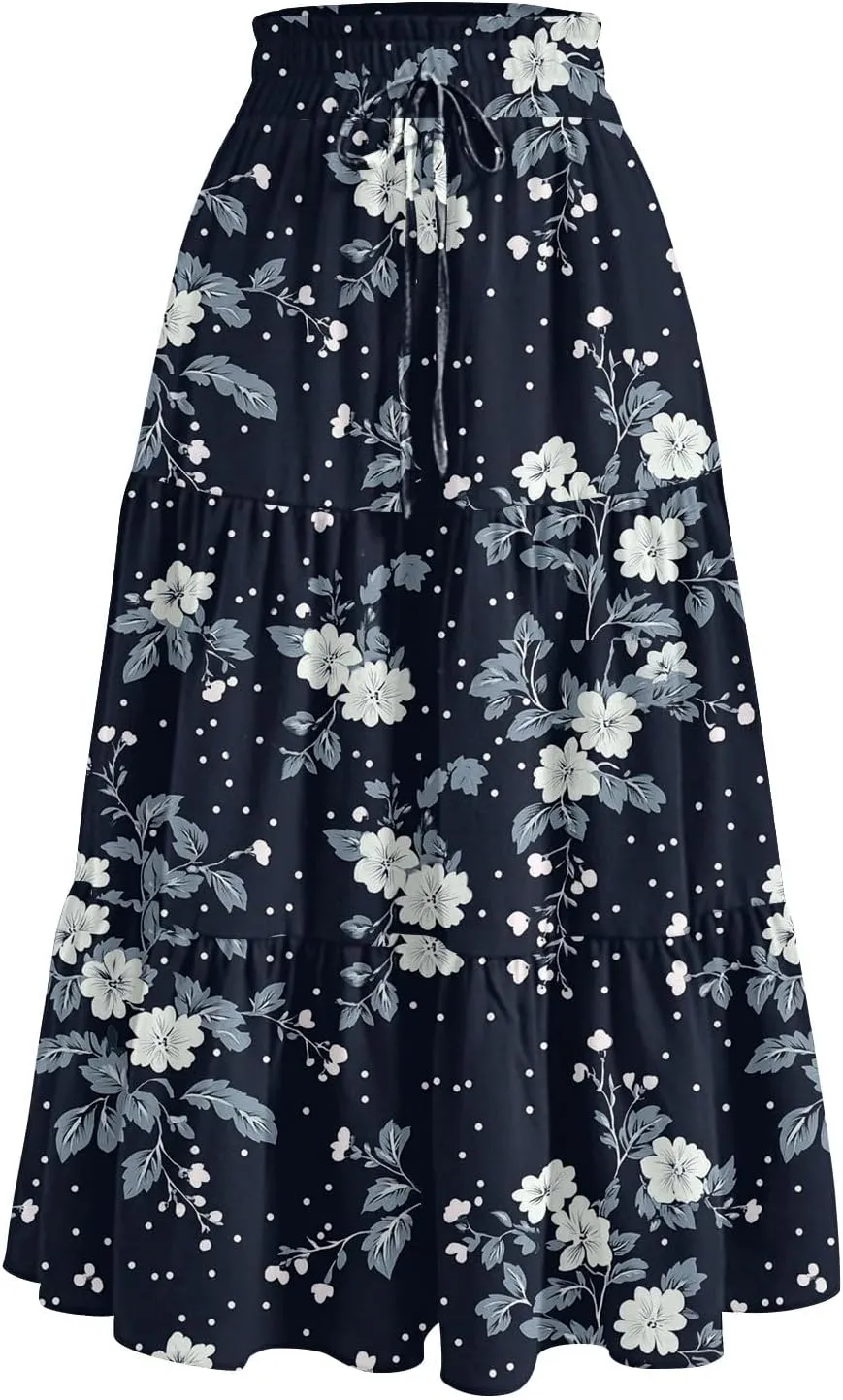 Women's Midi Boho Floral Tiered Skirts Trendy Comfy Flowy A Line Skirt Drawstring High Elastic Waist Skorts with Pockets