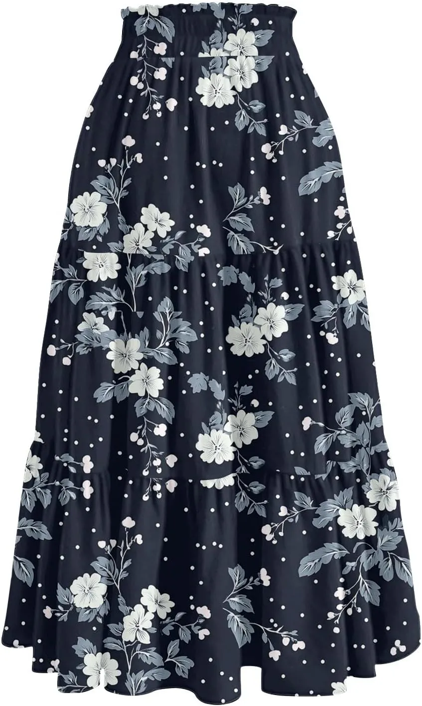 Women's Midi Boho Floral Tiered Skirts Trendy Comfy Flowy A Line Skirt Drawstring High Elastic Waist Skorts with Pockets