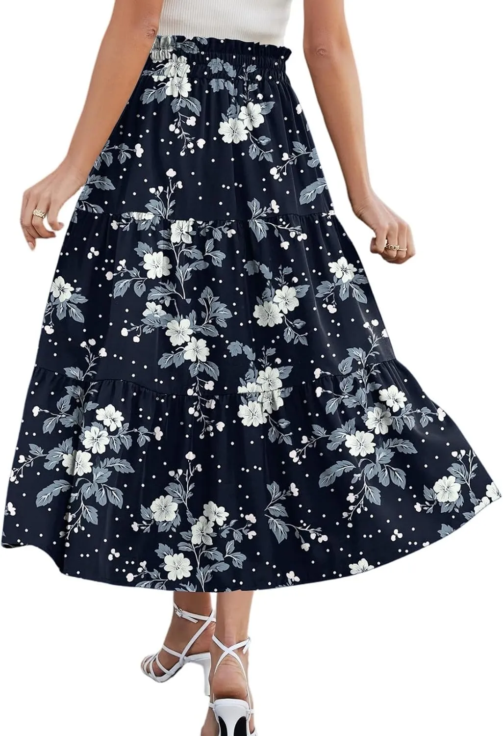 Women's Midi Boho Floral Tiered Skirts Trendy Comfy Flowy A Line Skirt Drawstring High Elastic Waist Skorts with Pockets