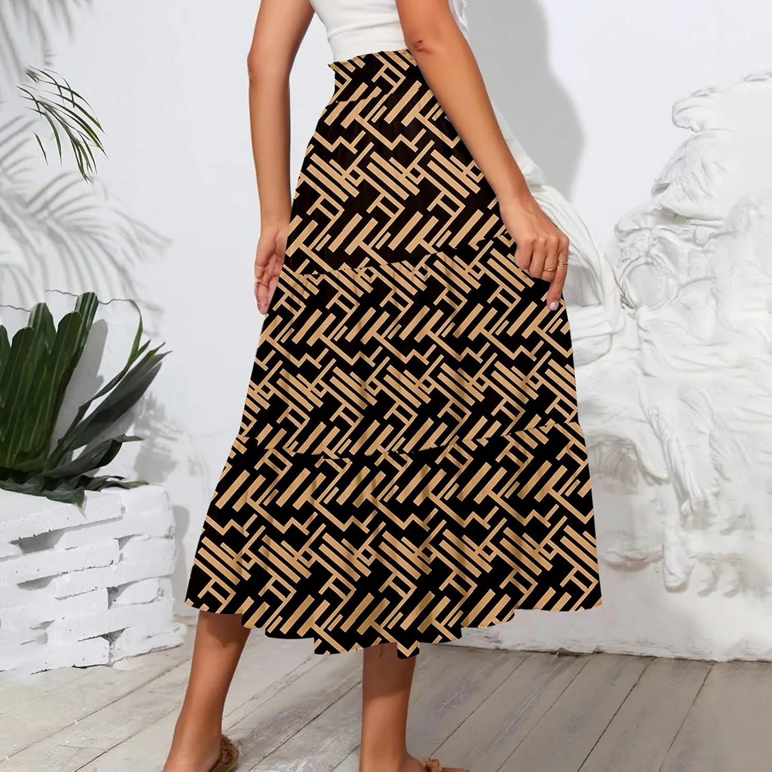 Women's Midi Boho Floral Tiered Skirts Trendy Comfy Flowy Drawstring High Elastic Waist A Line Skirt Skorts with Pockets