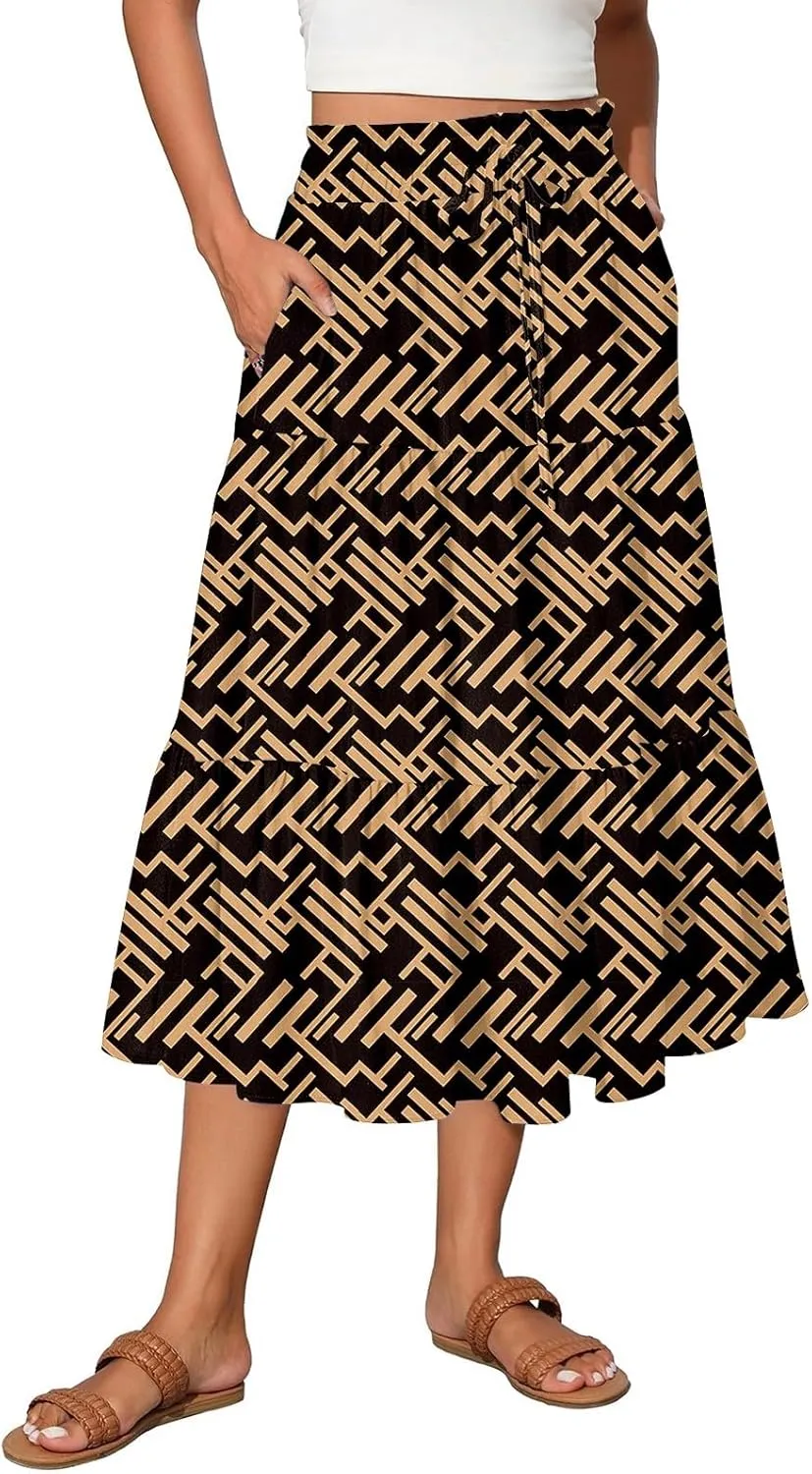 Women's Midi Boho Floral Tiered Skirts Trendy Comfy Flowy Drawstring High Elastic Waist A Line Skirt Skorts with Pockets
