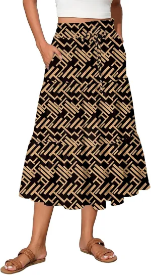 Women's Midi Boho Floral Tiered Skirts Trendy Comfy Flowy Drawstring High Elastic Waist A Line Skirt Skorts with Pockets