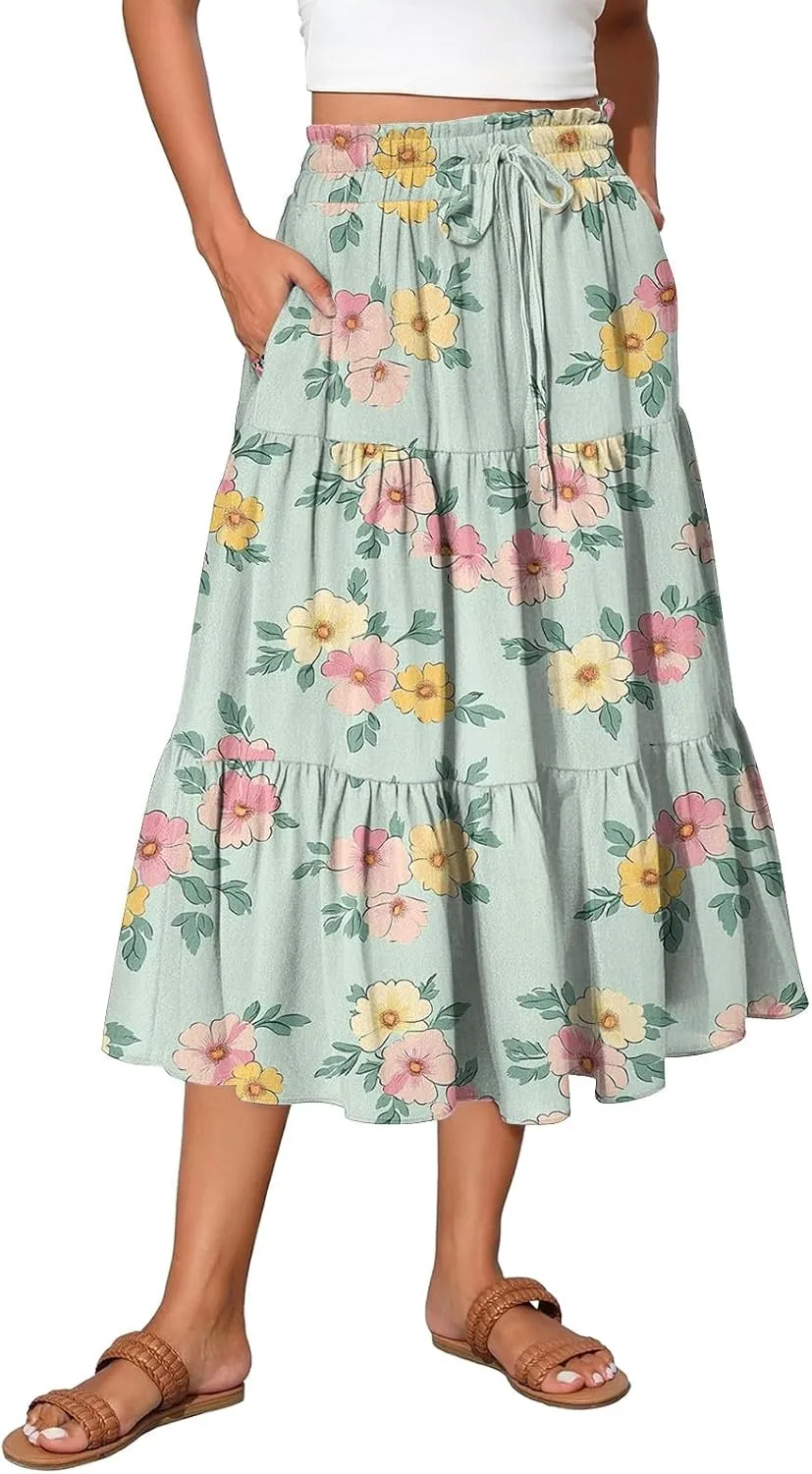 Women's Midi Boho Floral Tiered Skirts Trendy Drawstring High Elastic Waist A Line Skirt Comfy Flowy Skorts with Pockets