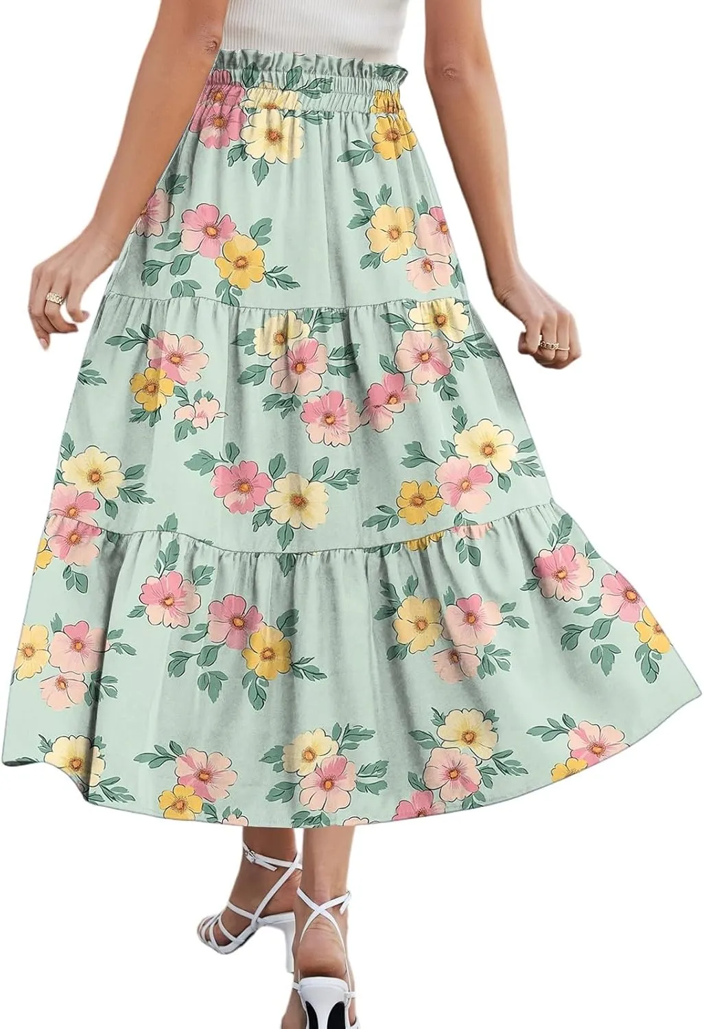 Women's Midi Boho Floral Tiered Skirts Trendy Drawstring High Elastic Waist A Line Skirt Comfy Flowy Skorts with Pockets