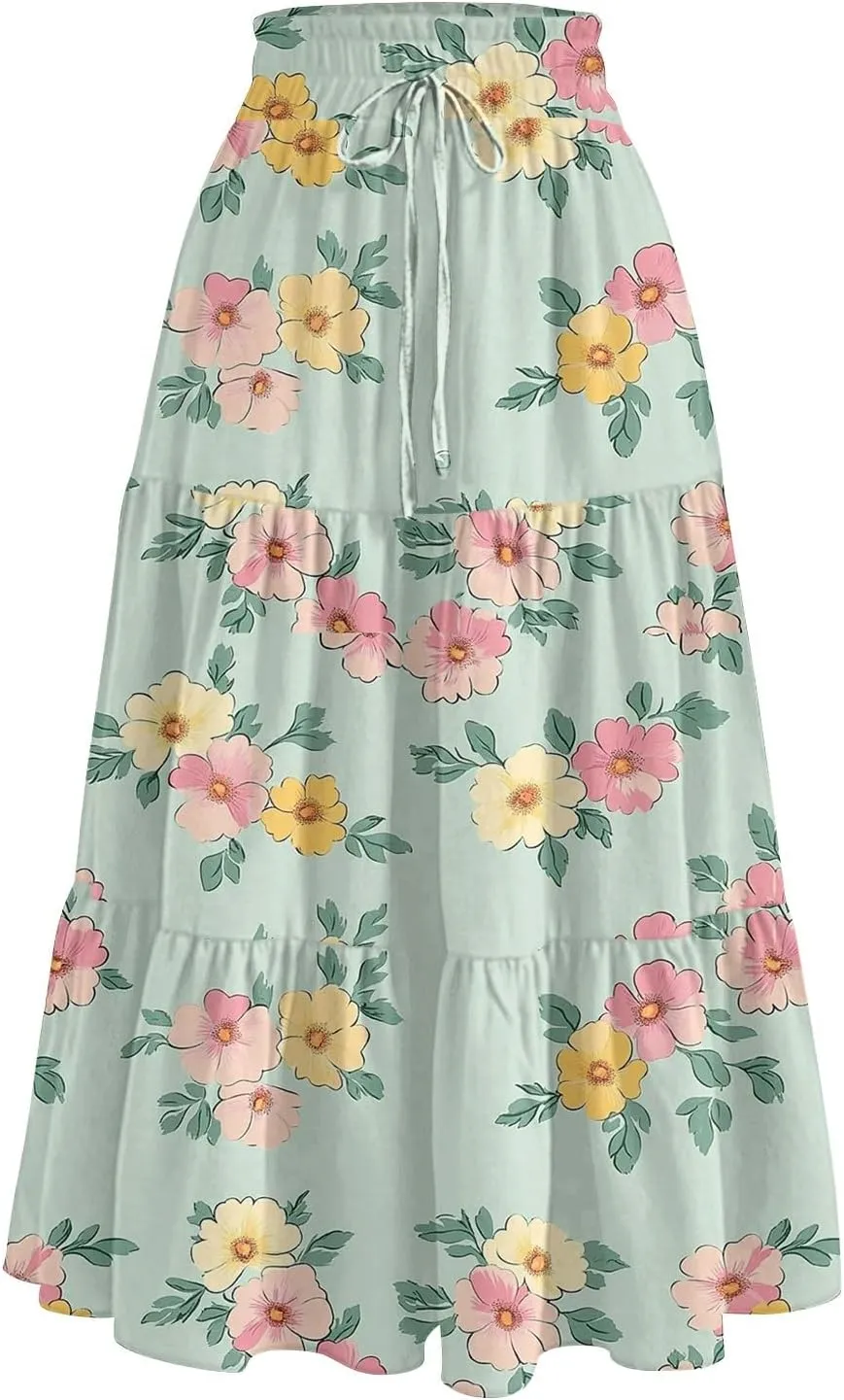 Women's Midi Boho Floral Tiered Skirts Trendy Drawstring High Elastic Waist A Line Skirt Comfy Flowy Skorts with Pockets