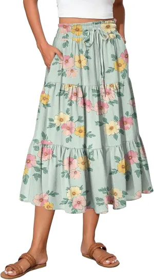 Women's Midi Boho Floral Tiered Skirts Trendy Drawstring High Elastic Waist A Line Skirt Comfy Flowy Skorts with Pockets