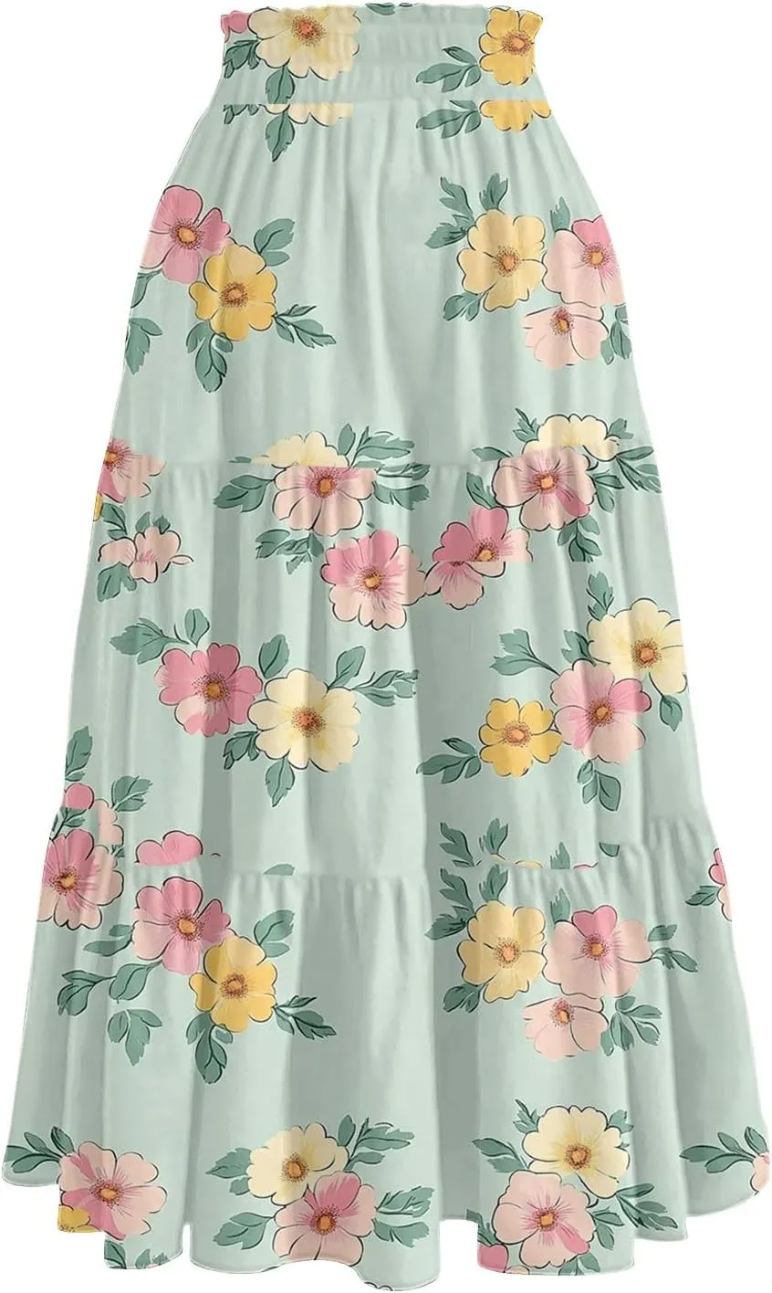 Women's Midi Boho Floral Tiered Skirts Trendy Drawstring High Elastic Waist A Line Skirt Comfy Flowy Skorts with Pockets
