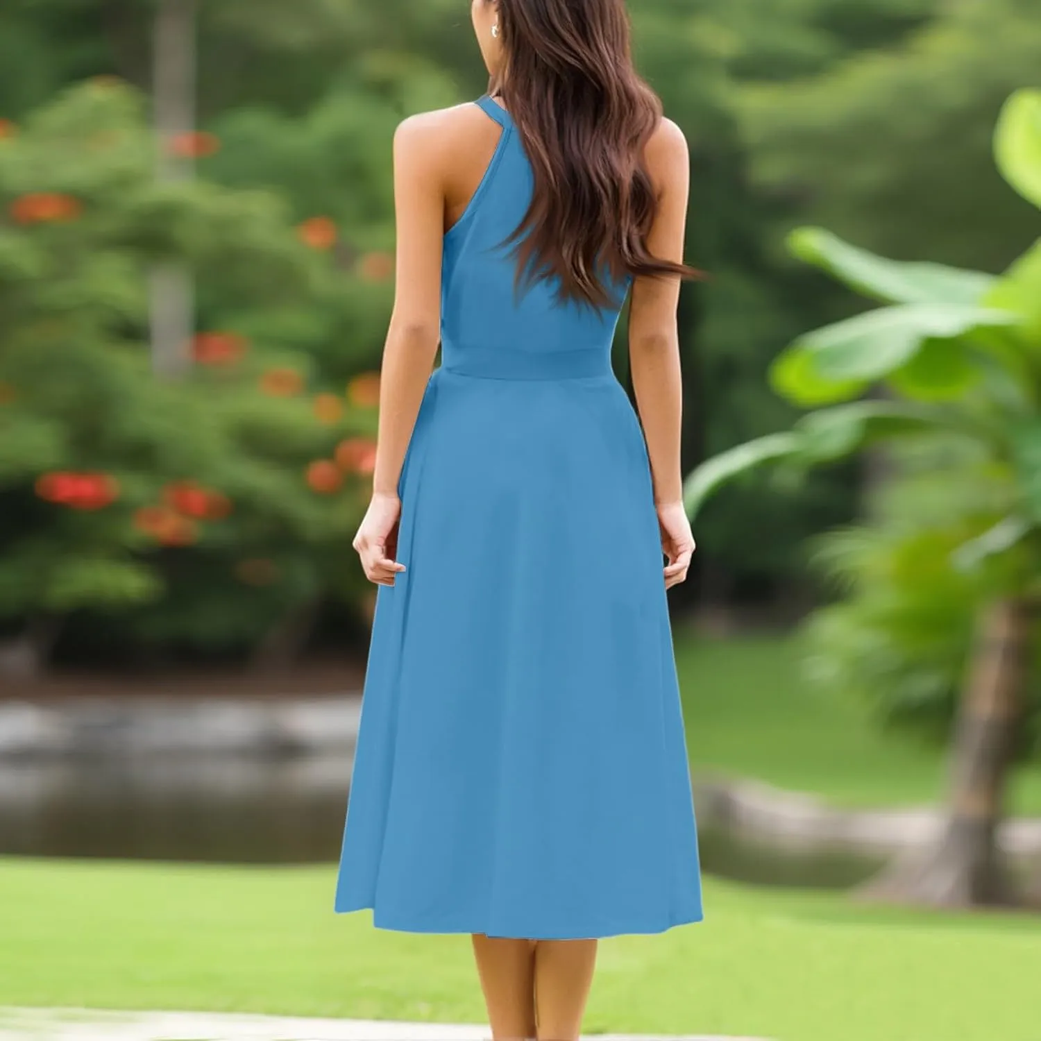 Womens Midi Halter Floral Dresses Casual Summer Sleeveless Flowy A Line Sundress Tie Empire Waist Frocks