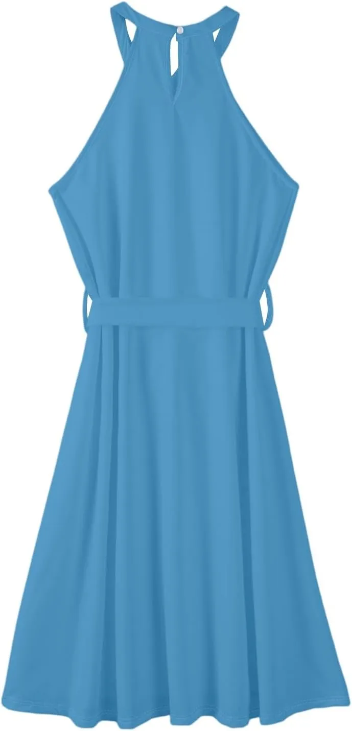 Womens Midi Halter Floral Dresses Casual Summer Sleeveless Flowy A Line Sundress Tie Empire Waist Frocks