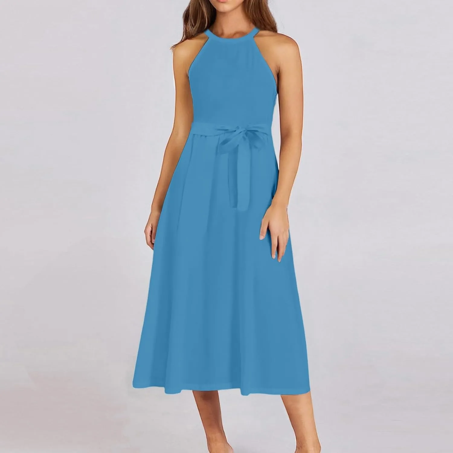 Womens Midi Halter Floral Dresses Casual Summer Sleeveless Flowy A Line Sundress Tie Empire Waist Frocks
