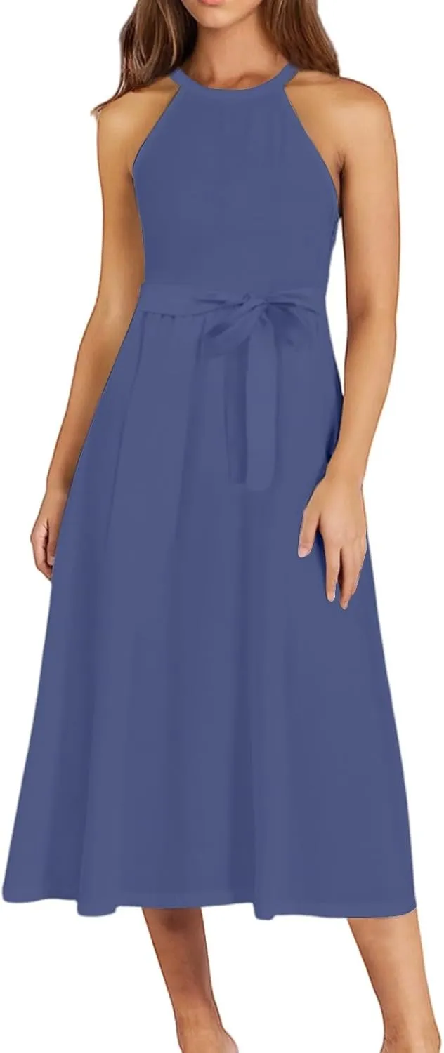 Womens Midi Halter Floral Dresses Casual Summer Sleeveless Flowy A Line Sundress Tie Empire Waist Frocks