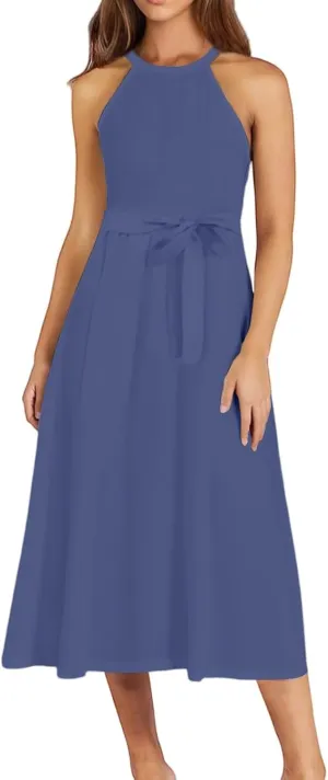 Womens Midi Halter Floral Dresses Casual Summer Sleeveless Flowy A Line Sundress Tie Empire Waist Frocks