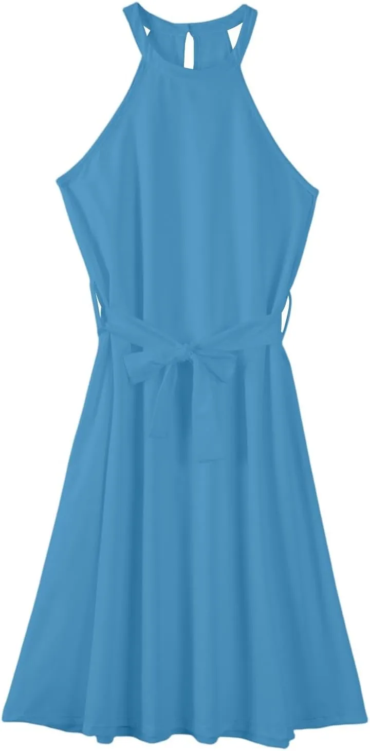Womens Midi Halter Floral Dresses Casual Summer Sleeveless Flowy A Line Sundress Tie Empire Waist Frocks