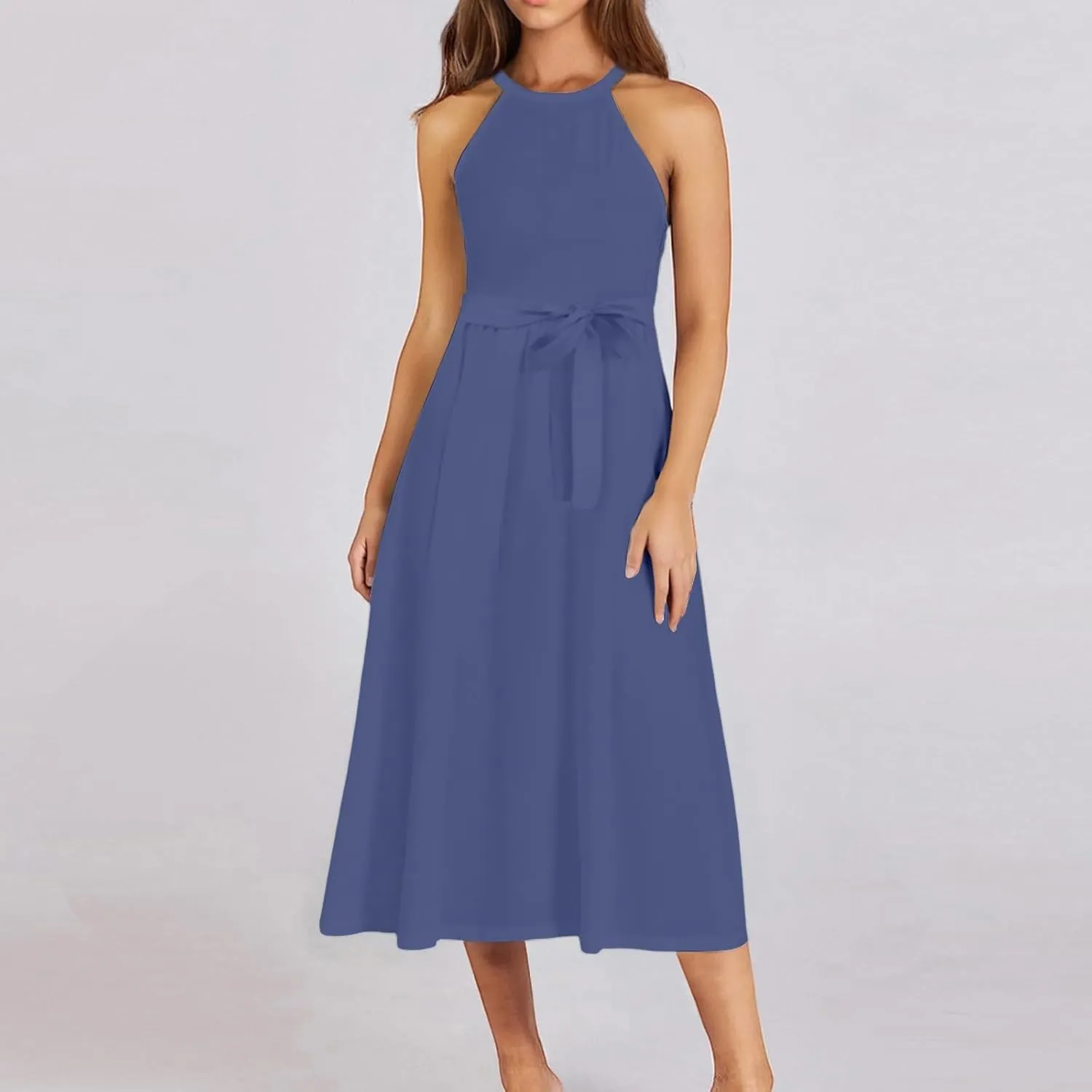 Womens Midi Halter Floral Dresses Casual Summer Sleeveless Flowy A Line Sundress Tie Empire Waist Frocks