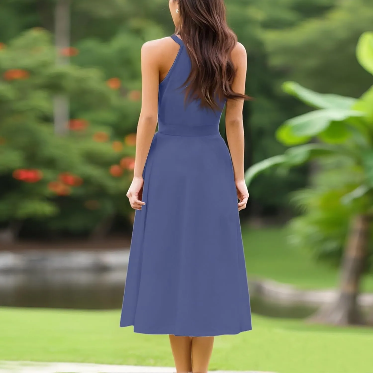Womens Midi Halter Floral Dresses Casual Summer Sleeveless Flowy A Line Sundress Tie Empire Waist Frocks