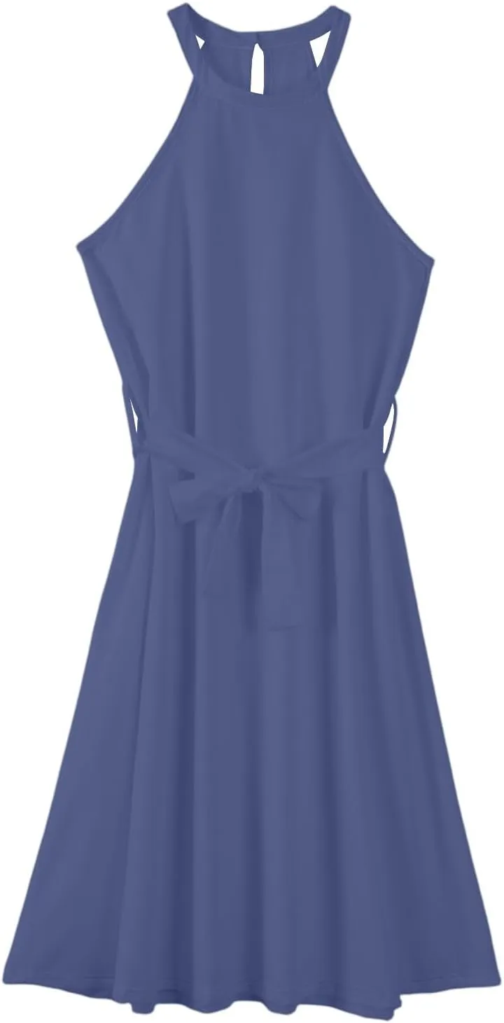 Womens Midi Halter Floral Dresses Casual Summer Sleeveless Flowy A Line Sundress Tie Empire Waist Frocks