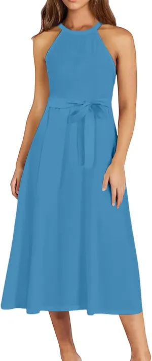 Womens Midi Halter Floral Dresses Casual Summer Sleeveless Flowy A Line Sundress Tie Empire Waist Frocks