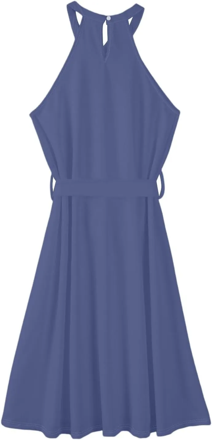 Womens Midi Halter Floral Dresses Casual Summer Sleeveless Flowy A Line Sundress Tie Empire Waist Frocks