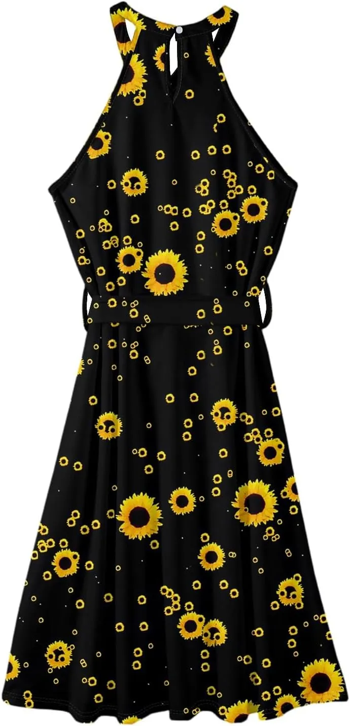 Womens Midi Halter Floral Dresses Casual Summer Sleeveless Tie Drop Waist Flowy A Line Sundress Frocks