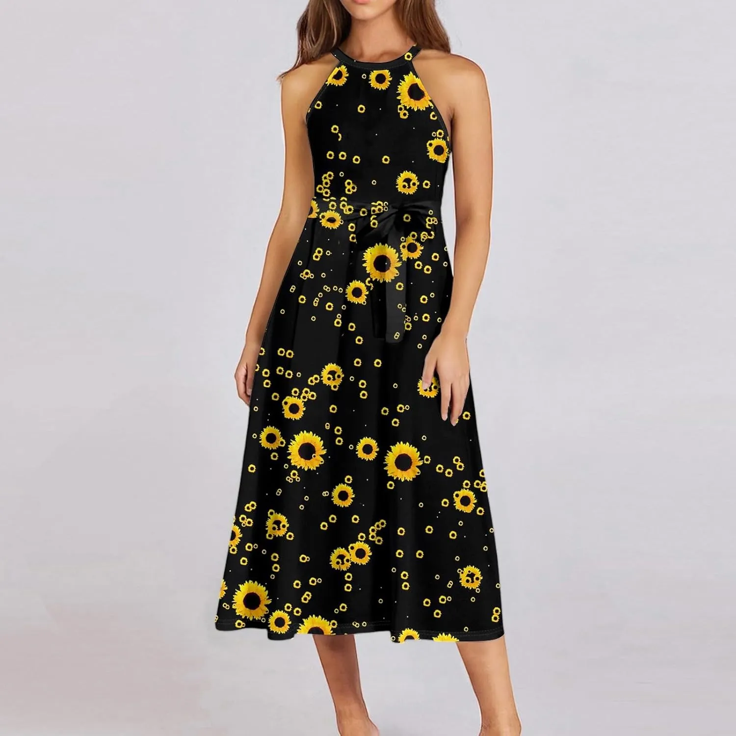 Womens Midi Halter Floral Dresses Casual Summer Sleeveless Tie Drop Waist Flowy A Line Sundress Frocks