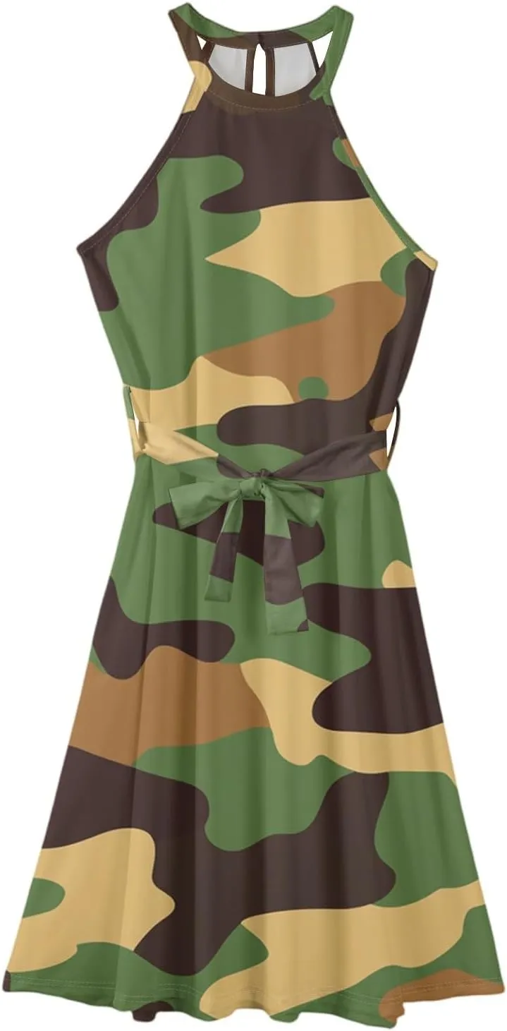 Womens Midi Halter Floral Dresses Casual Summer Sleeveless Tie Drop Waist Flowy A Line Sundress Frocks