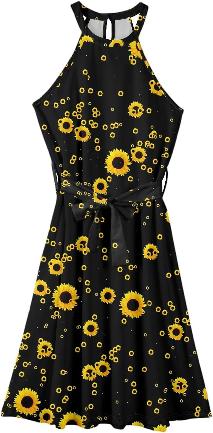Womens Midi Halter Floral Dresses Casual Summer Sleeveless Tie Drop Waist Flowy A Line Sundress Frocks