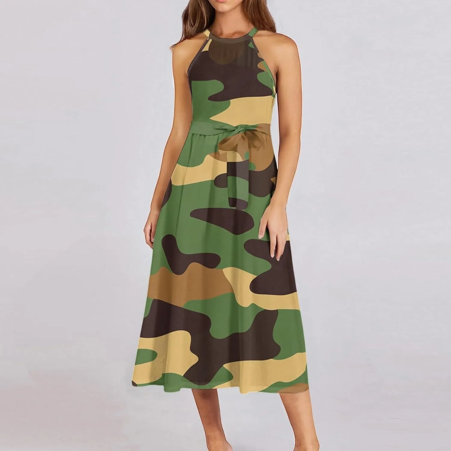Womens Midi Halter Floral Dresses Casual Summer Sleeveless Tie Drop Waist Flowy A Line Sundress Frocks