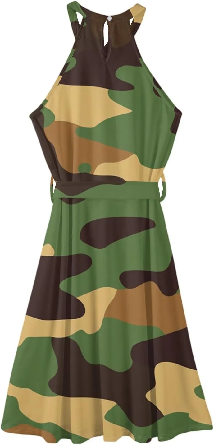 Womens Midi Halter Floral Dresses Casual Summer Sleeveless Tie Drop Waist Flowy A Line Sundress Frocks