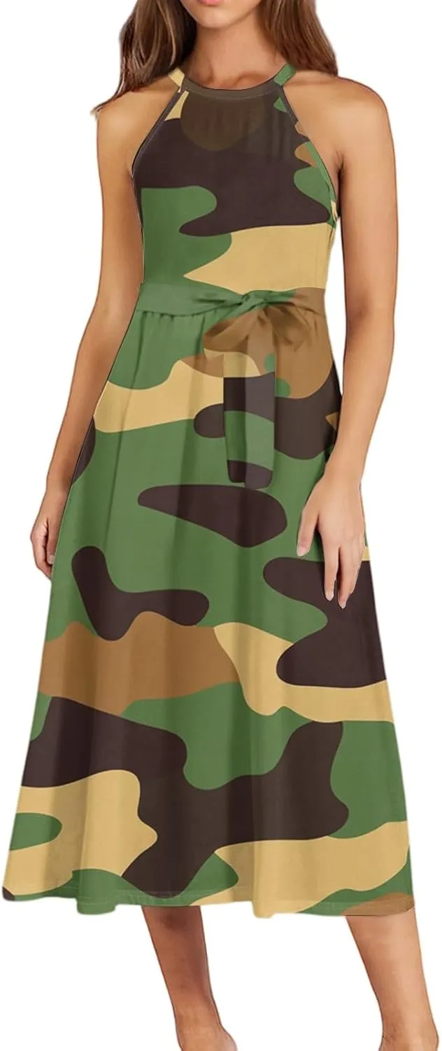 Womens Midi Halter Floral Dresses Casual Summer Sleeveless Tie Drop Waist Flowy A Line Sundress Frocks