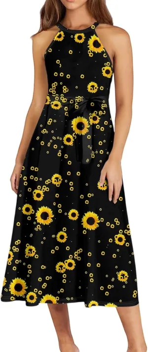 Womens Midi Halter Floral Dresses Casual Summer Sleeveless Tie Drop Waist Flowy A Line Sundress Frocks