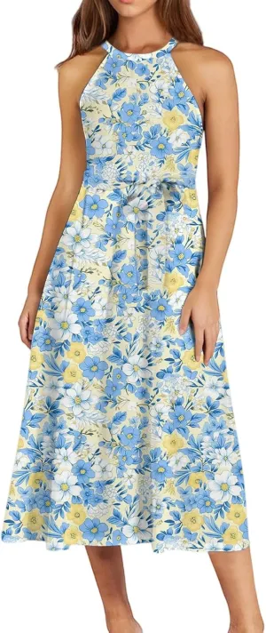 Womens Midi Halter Floral Dresses Casual Summer Sleeveless Tie Empire Waist Flowy A Line Sundress Frocks