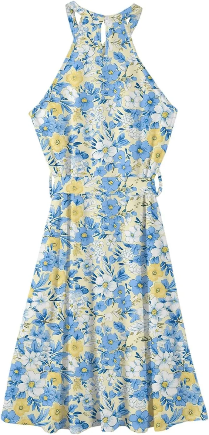 Womens Midi Halter Floral Dresses Casual Summer Sleeveless Tie Empire Waist Flowy A Line Sundress Frocks