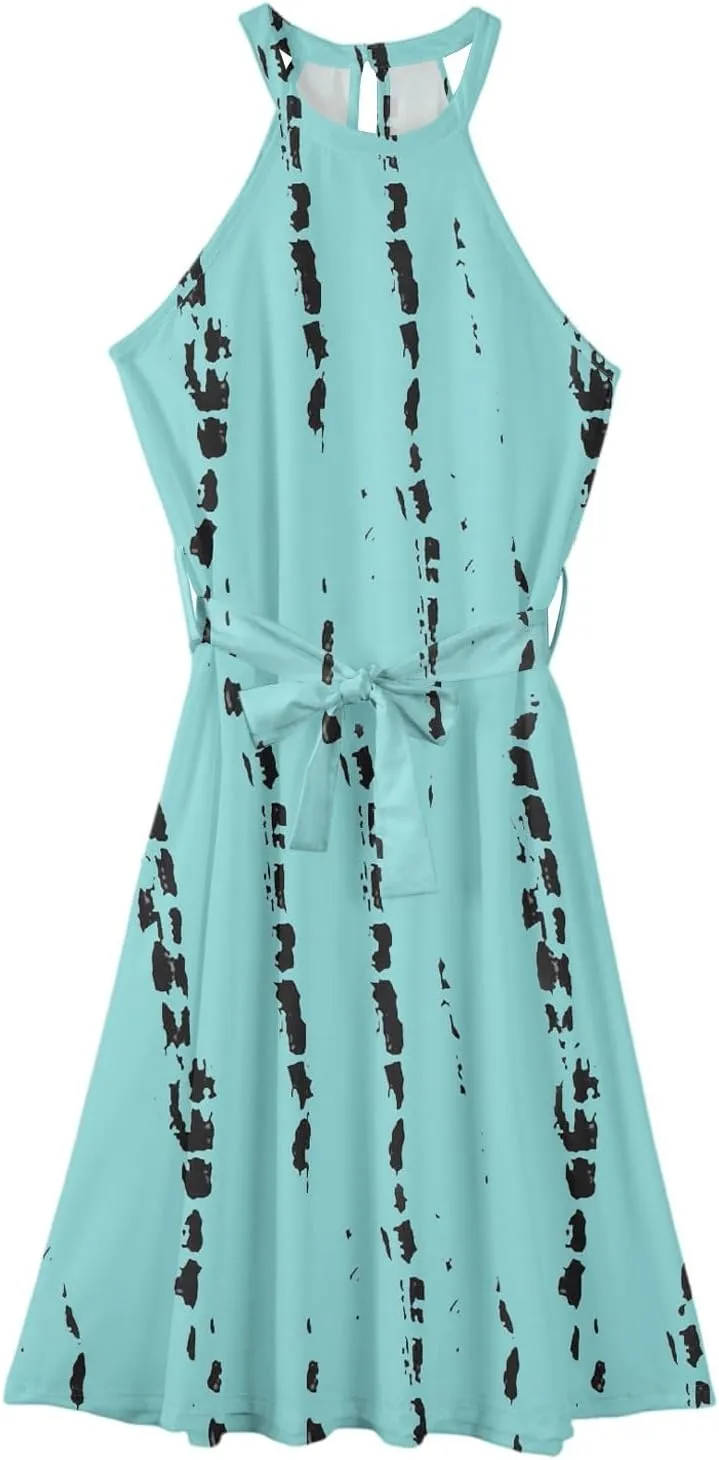 Womens Midi Halter Floral Dresses Casual Summer Sleeveless Tie Empire Waist Flowy A Line Sundress Frocks