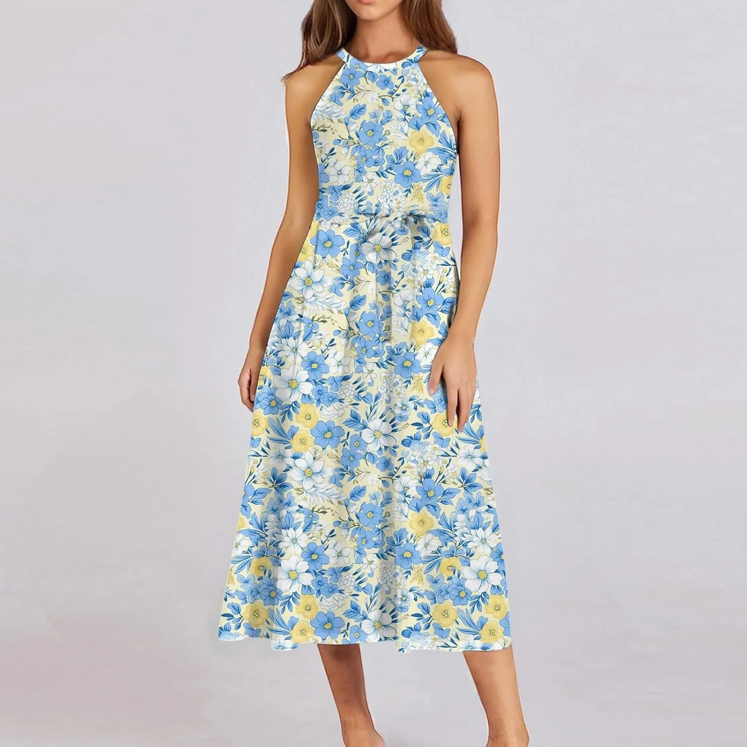 Womens Midi Halter Floral Dresses Casual Summer Sleeveless Tie Empire Waist Flowy A Line Sundress Frocks