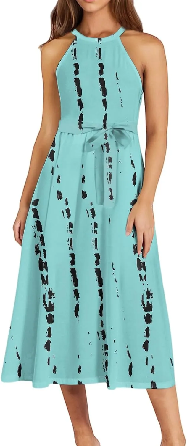 Womens Midi Halter Floral Dresses Casual Summer Sleeveless Tie Empire Waist Flowy A Line Sundress Frocks