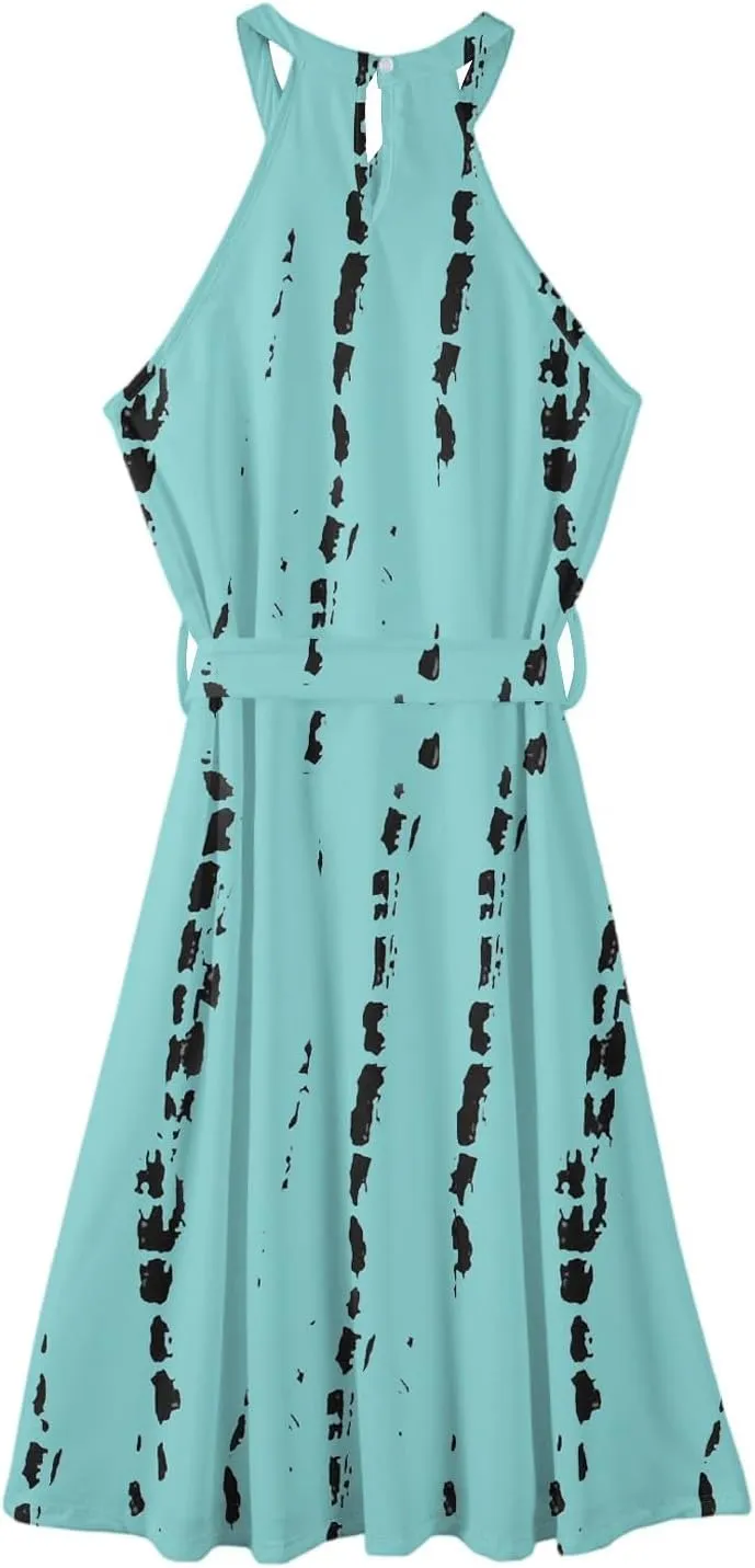 Womens Midi Halter Floral Dresses Casual Summer Sleeveless Tie Empire Waist Flowy A Line Sundress Frocks