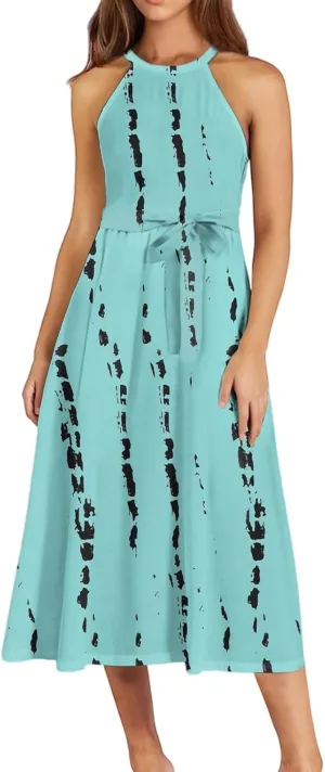 Womens Midi Halter Floral Dresses Casual Summer Sleeveless Tie Empire Waist Flowy A Line Sundress Frocks