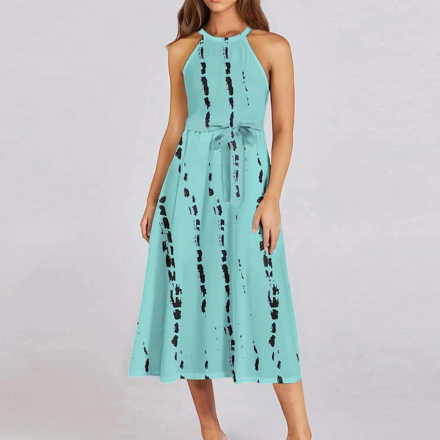 Womens Midi Halter Floral Dresses Casual Summer Sleeveless Tie Empire Waist Flowy A Line Sundress Frocks