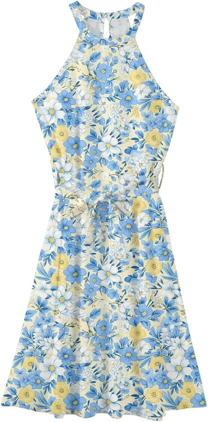 Womens Midi Halter Floral Dresses Casual Summer Sleeveless Tie Empire Waist Flowy A Line Sundress Frocks