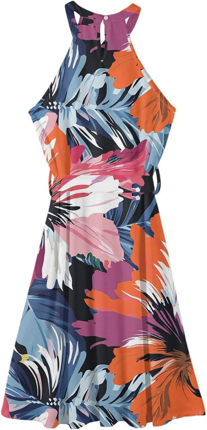 Womens Midi Halter Floral Dresses Casual Summer Tie Empire Waist Sleeveless Flowy A Line Sundress Frocks