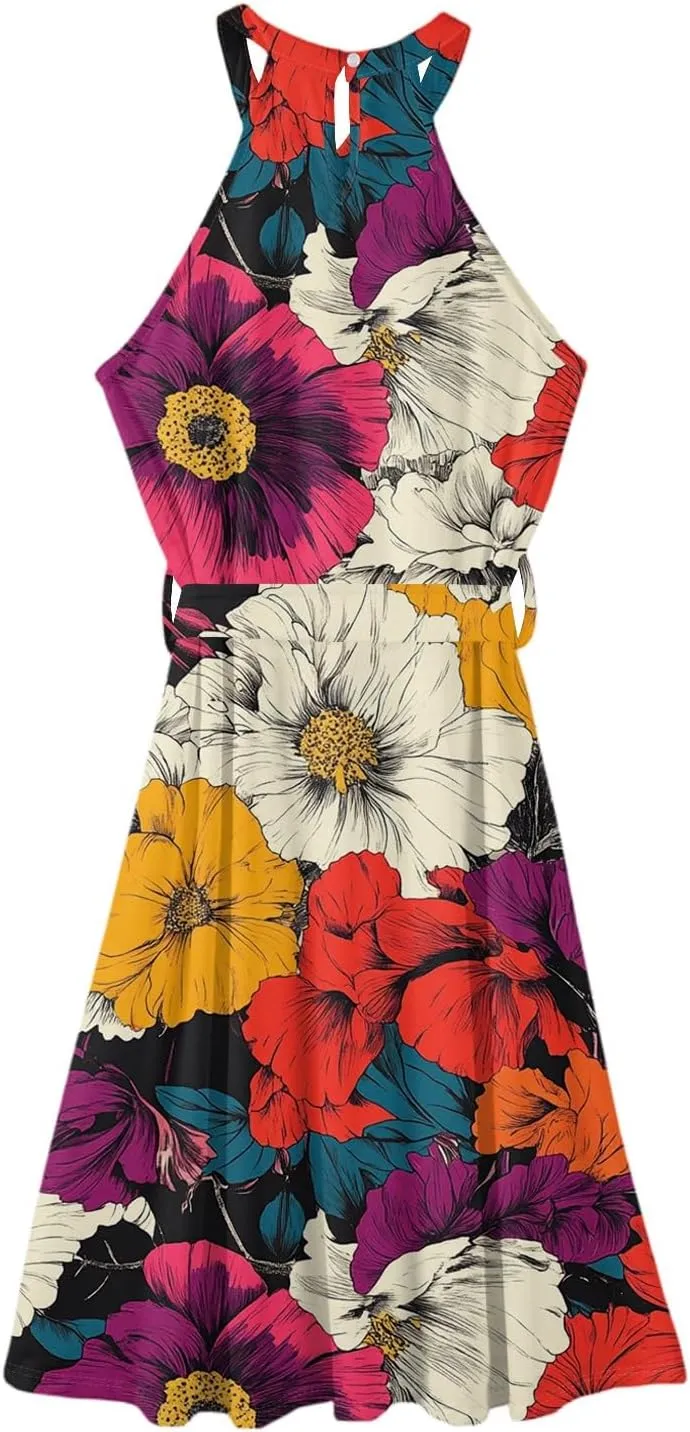 Womens Midi Halter Floral Dresses Casual Summer Tie Empire Waist Sleeveless Flowy A Line Sundress Frocks