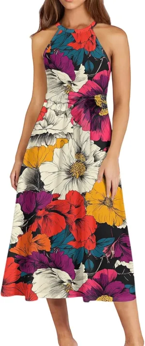 Womens Midi Halter Floral Dresses Casual Summer Tie Empire Waist Sleeveless Flowy A Line Sundress Frocks