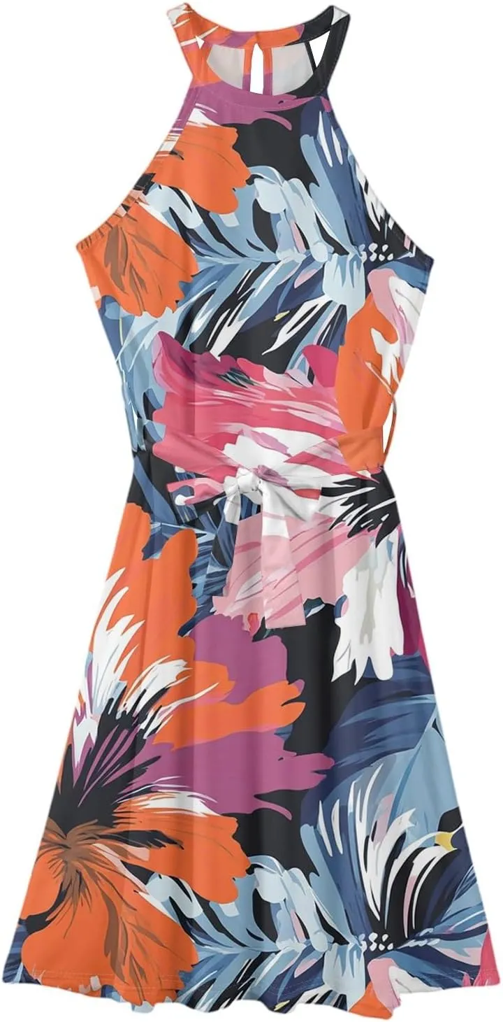 Womens Midi Halter Floral Dresses Casual Summer Tie Empire Waist Sleeveless Flowy A Line Sundress Frocks