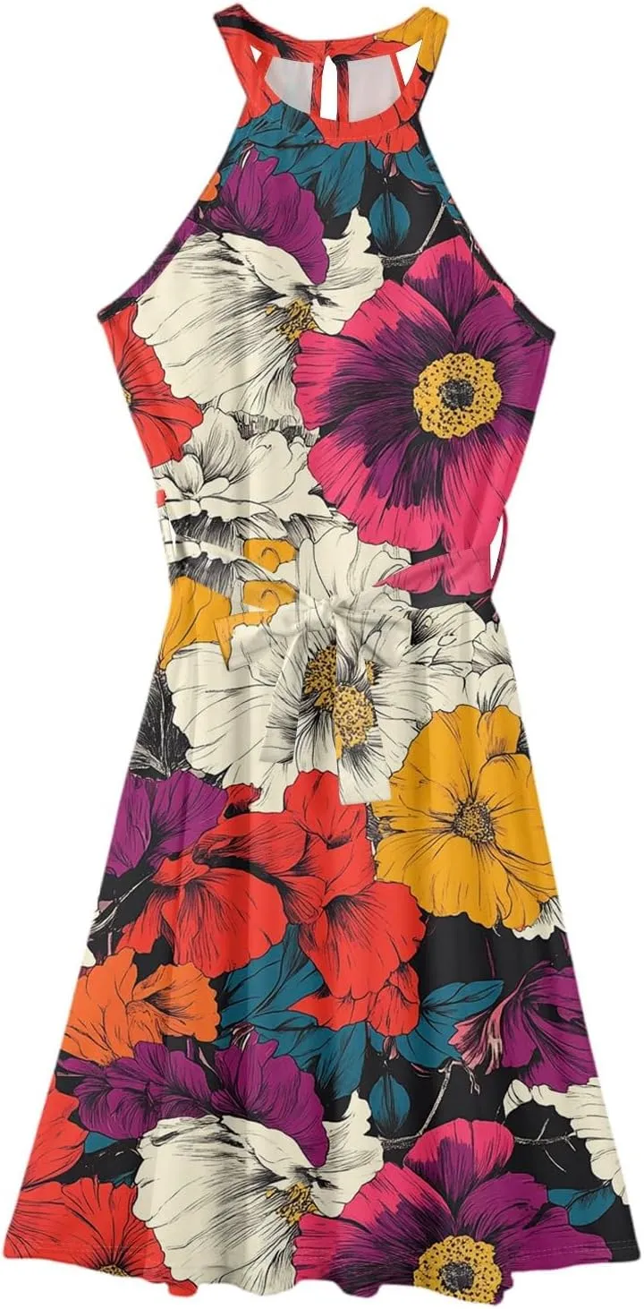 Womens Midi Halter Floral Dresses Casual Summer Tie Empire Waist Sleeveless Flowy A Line Sundress Frocks