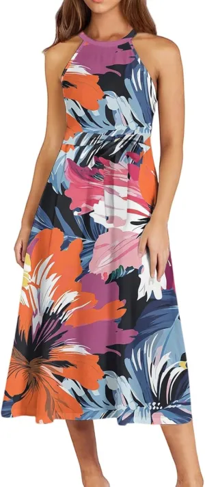 Womens Midi Halter Floral Dresses Casual Summer Tie Empire Waist Sleeveless Flowy A Line Sundress Frocks