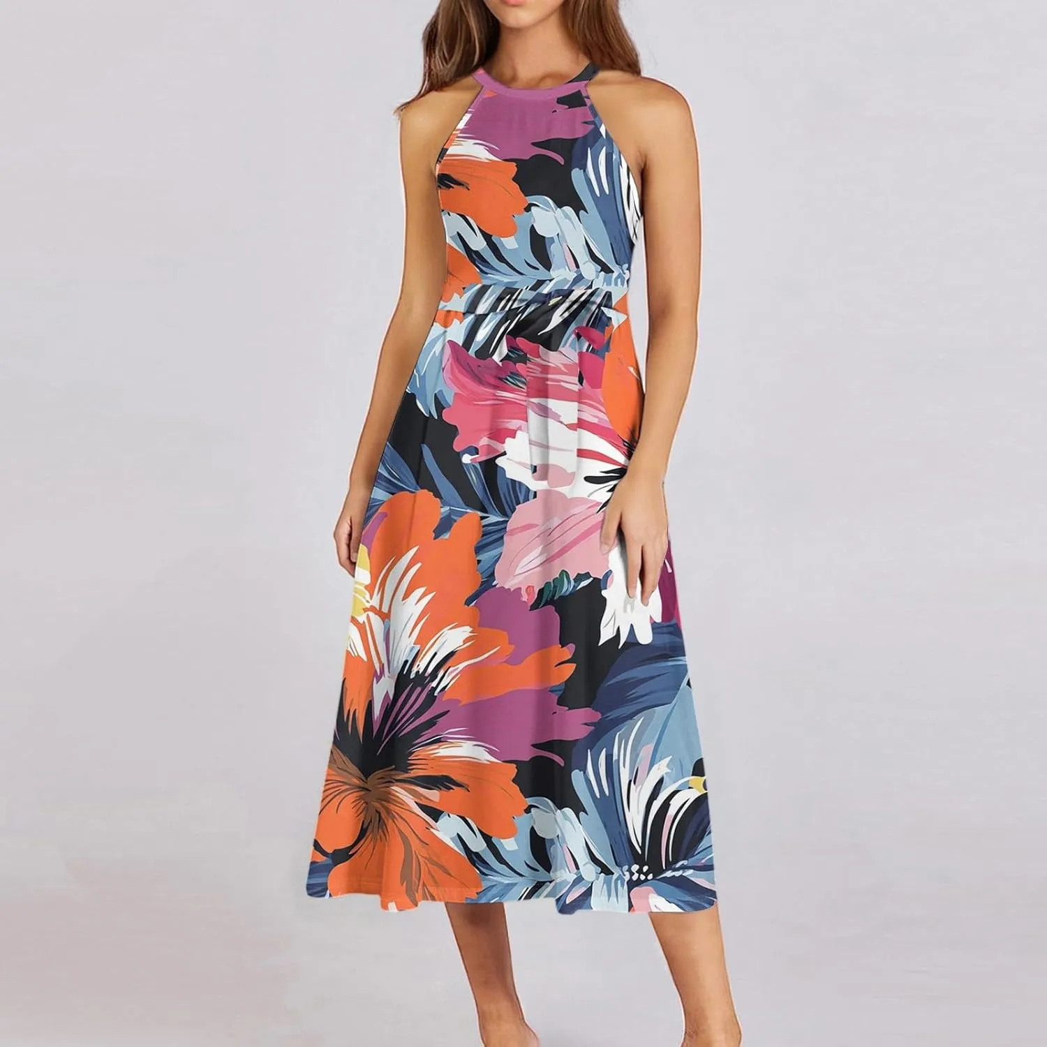 Womens Midi Halter Floral Dresses Casual Summer Tie Empire Waist Sleeveless Flowy A Line Sundress Frocks