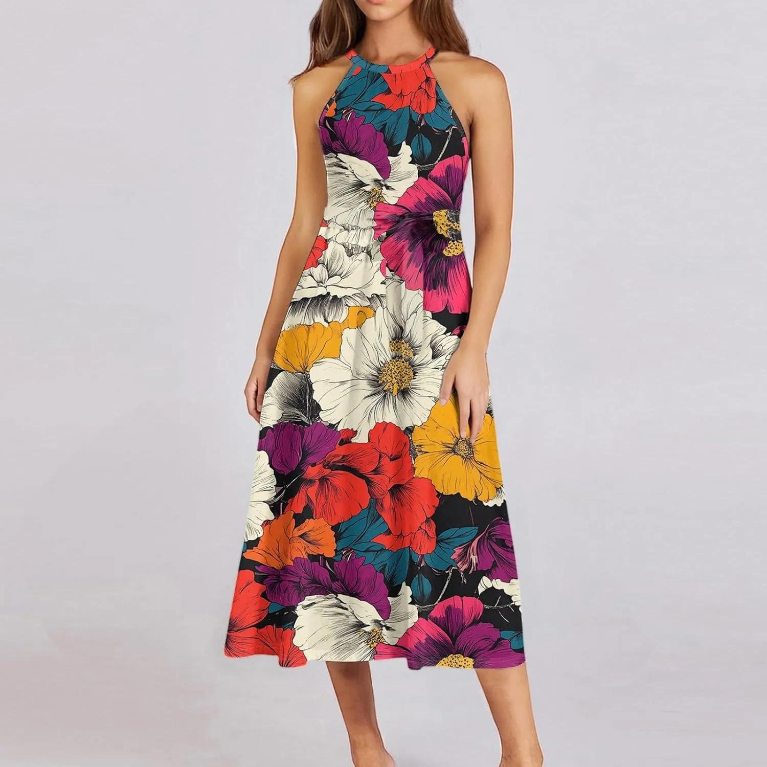 Womens Midi Halter Floral Dresses Casual Summer Tie Empire Waist Sleeveless Flowy A Line Sundress Frocks